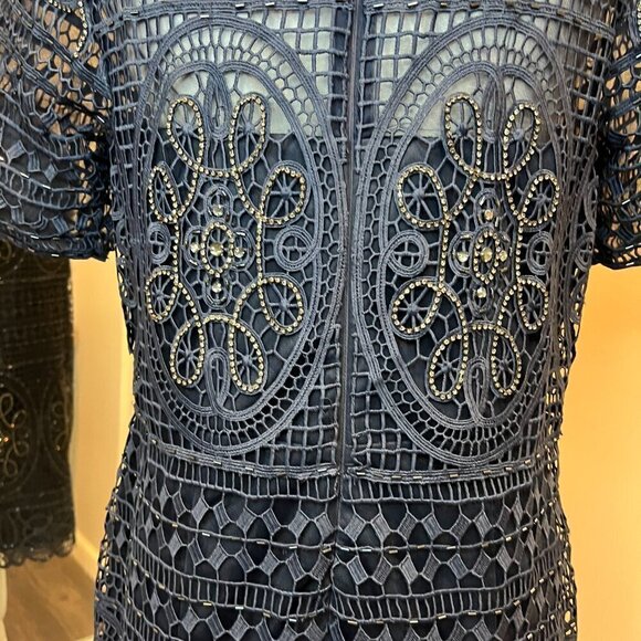 Aidan Mattox Navy Short Lace Beaded Sheath Cocktail Dress, Size 12 - Picture 14 of 16